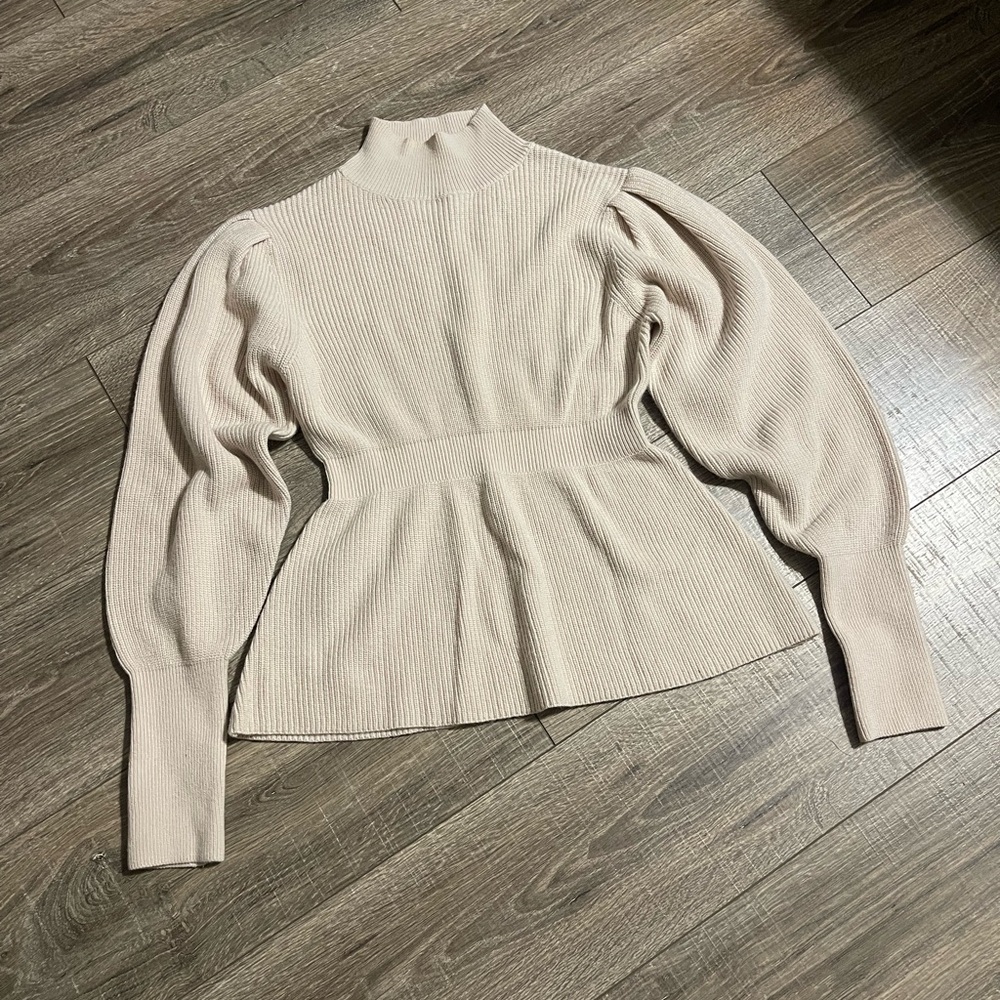 Topshop Ribbed Puff-Sleeve Mock Neck Sweater